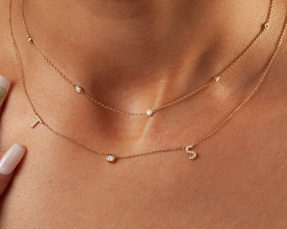 Diamond Double Initial Necklace with Solitaire Bezel Diamond