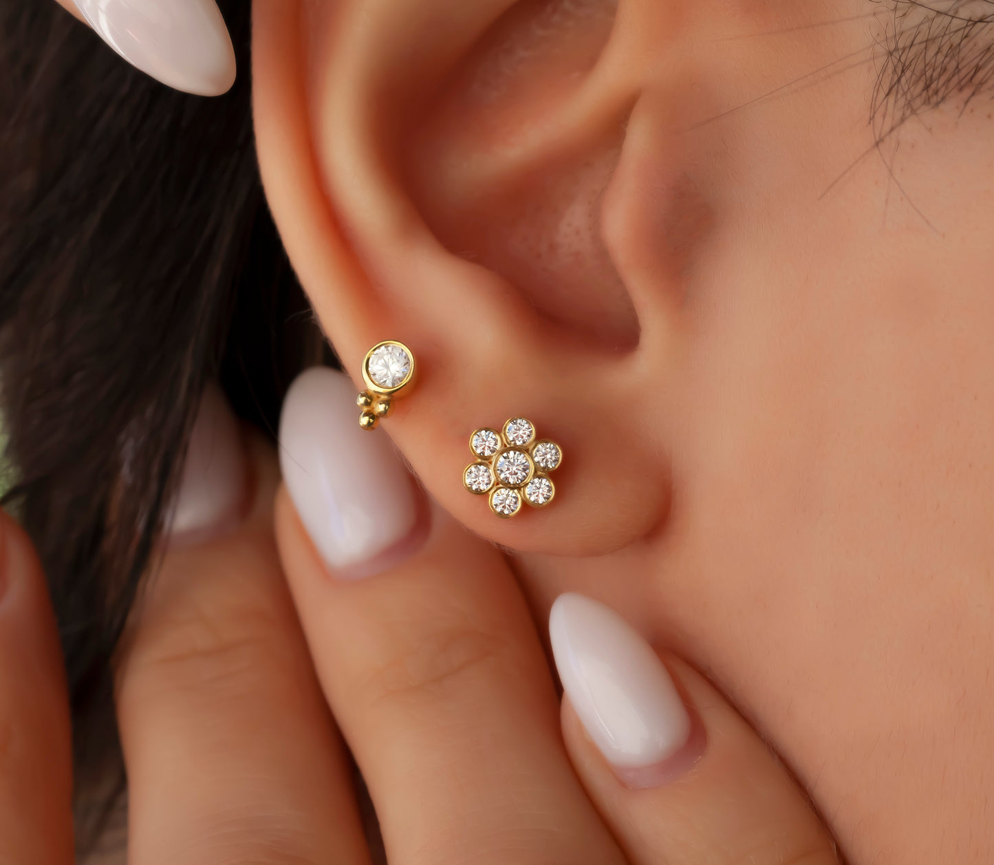 Trio Round Bezel Diamond Stud Earrings