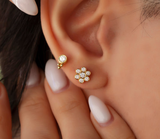 Trio Round Bezel Diamond Stud Earrings