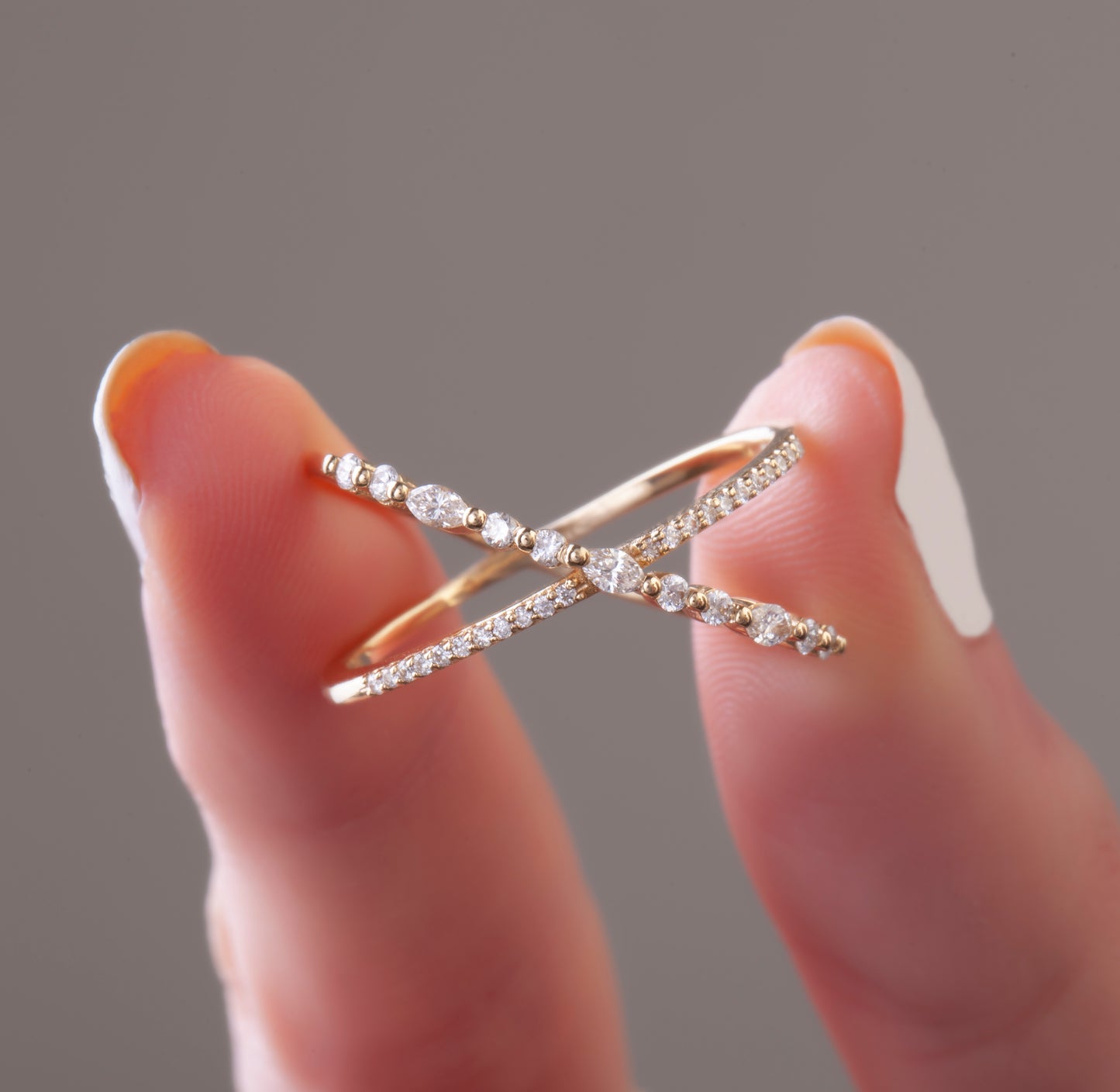 Gold Marquise and Round Diamond Criss cross Stacking Ring