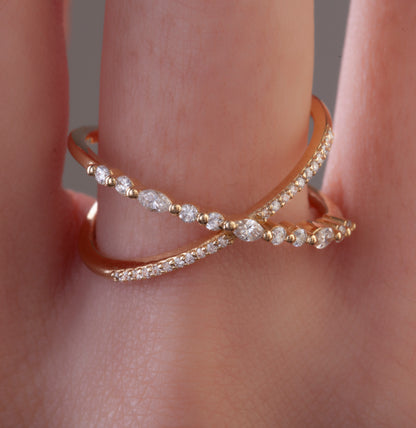Gold Marquise and Round Diamond Criss cross Stacking Ring