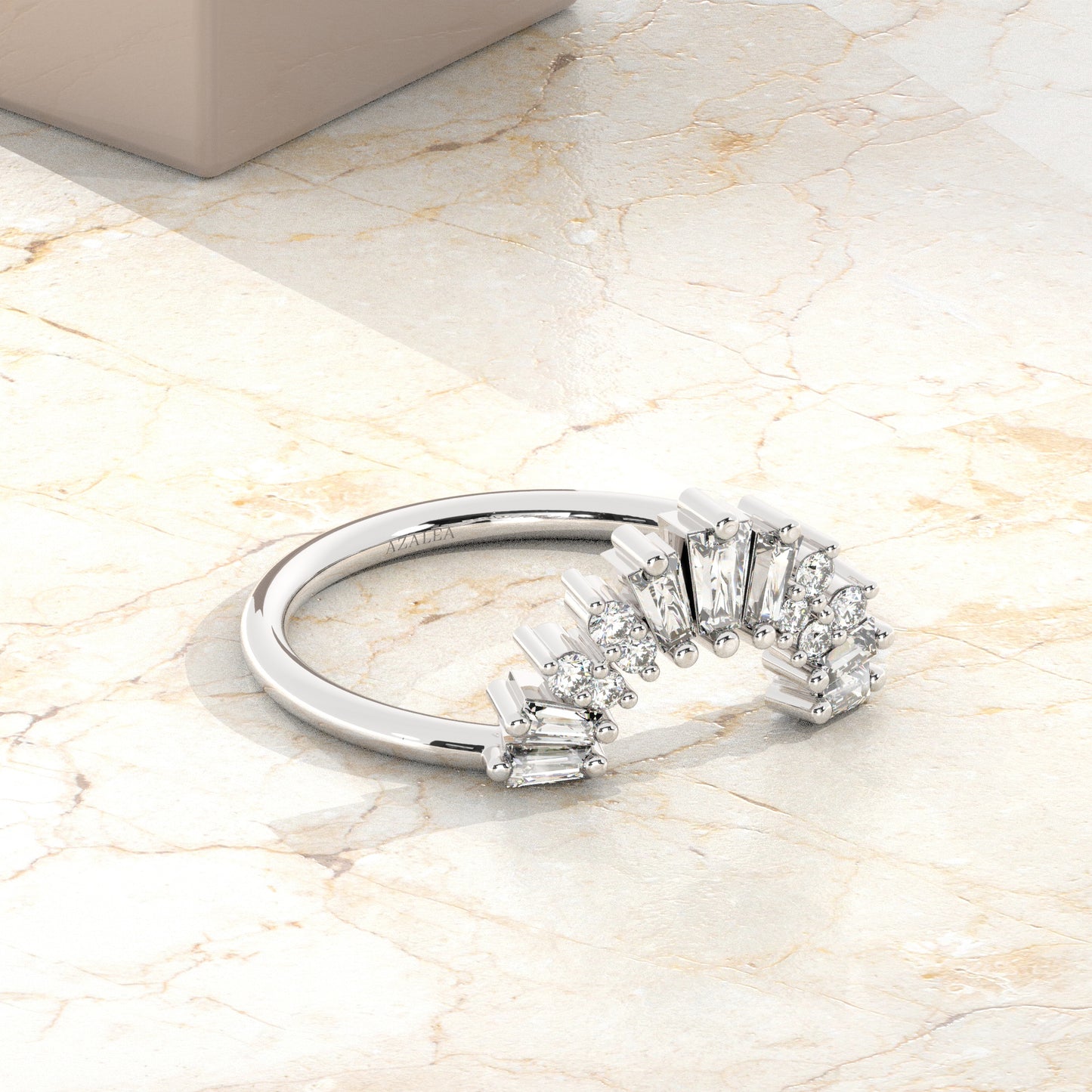 Curved Gold Baguette Round Diamond Wedding Band
