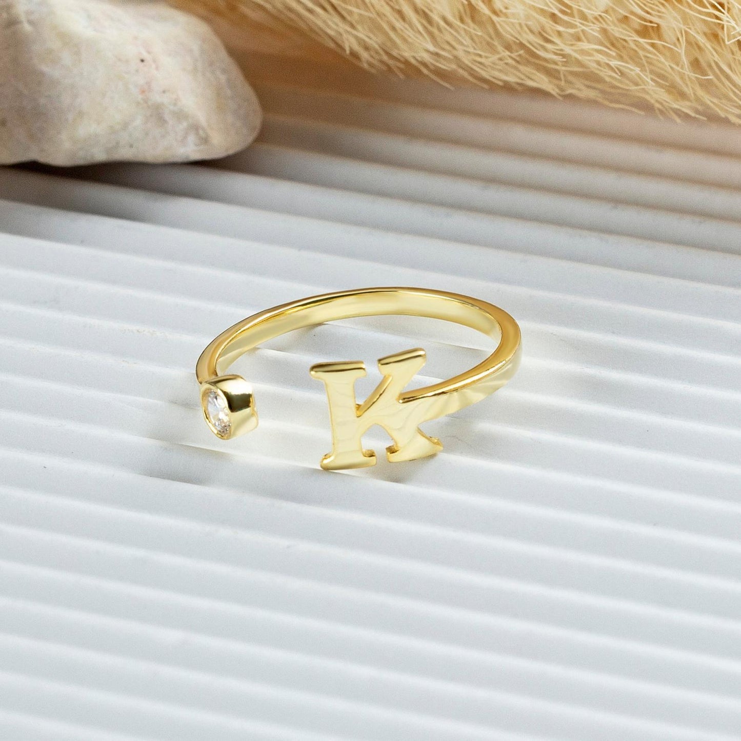 Gold Diamond Initial Stack Cuff Ring