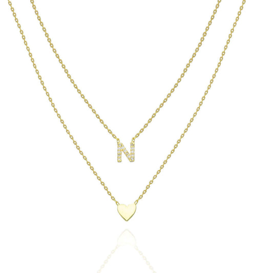 Gold Pave Diamond Heart Initial Charm Necklace