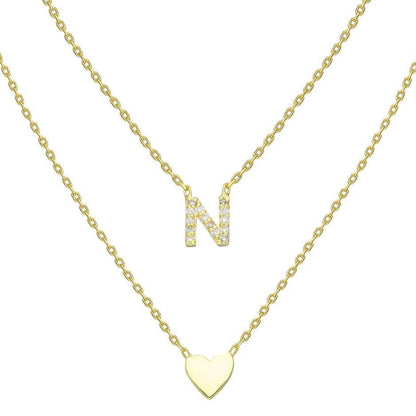 Gold Pave Diamond Heart Initial Charm Necklace