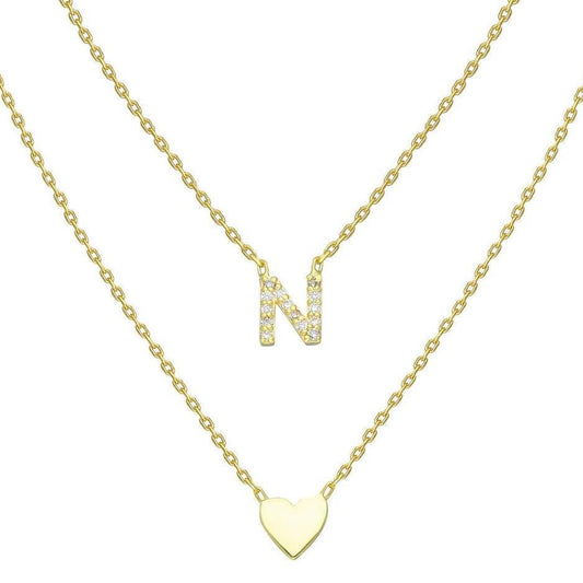 Gold Pave Diamond Heart Initial Charm Necklace