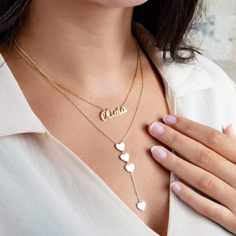 Gold Lariat Heart Dangle Necklace