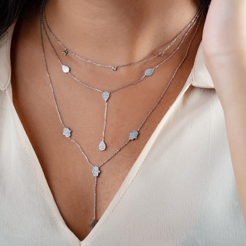 Diamond Lariat Hamsa Necklace