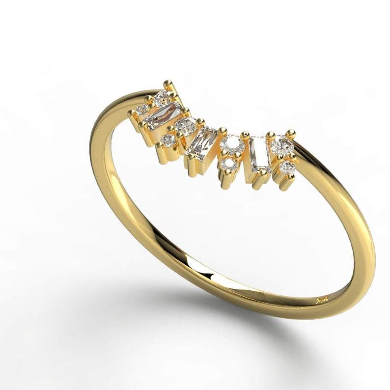 Gold Baguette and Round Diamond Wedding Ring