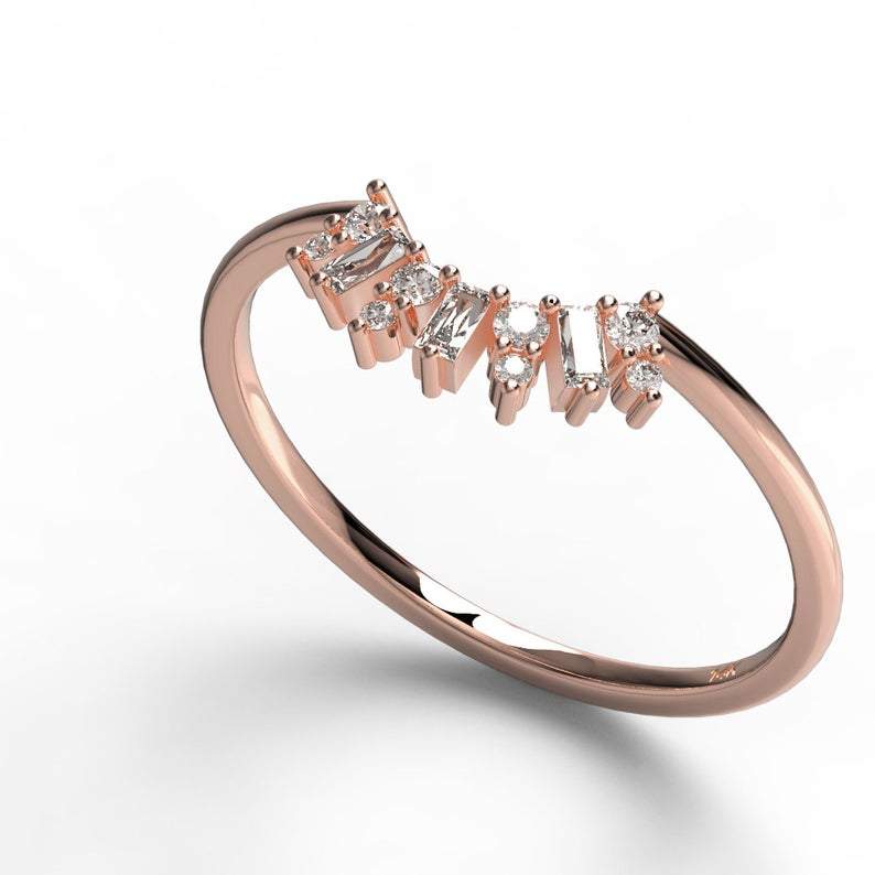 Gold Baguette and Round Diamond Wedding Ring