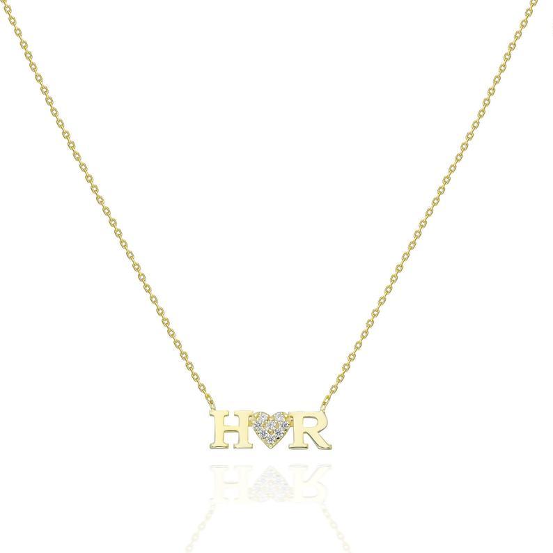 Diamond Double Letter Heart Necklace
