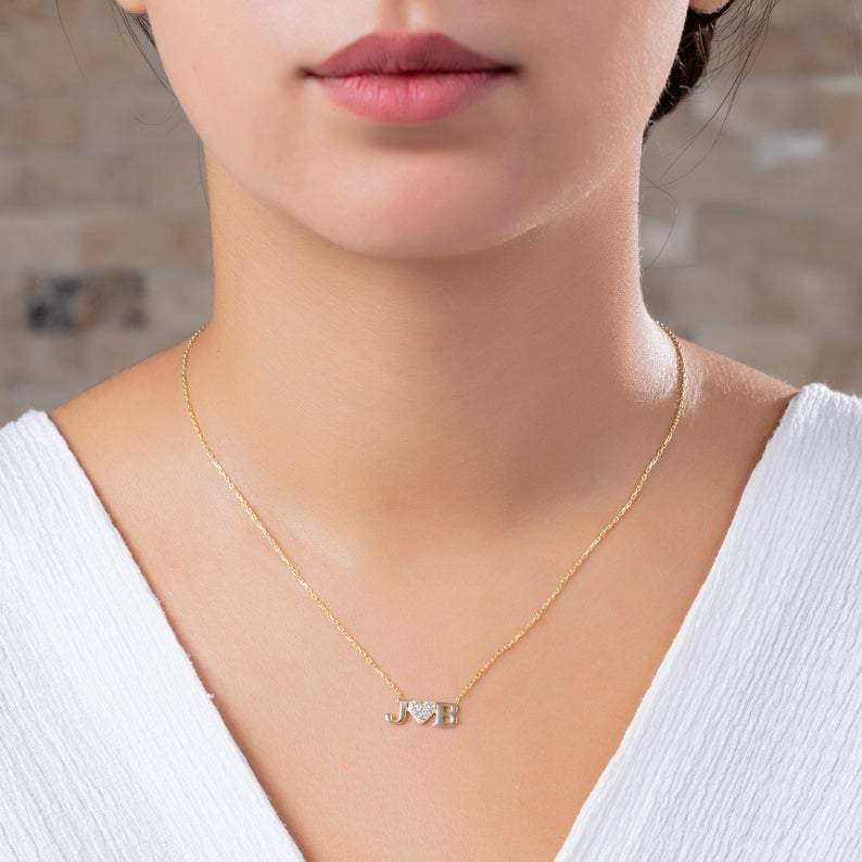 Diamond Double Letter Heart Necklace
