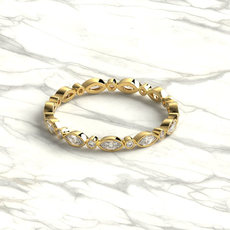 Marquise and Round Diamond Bezel Set Eternity Wedding Ring