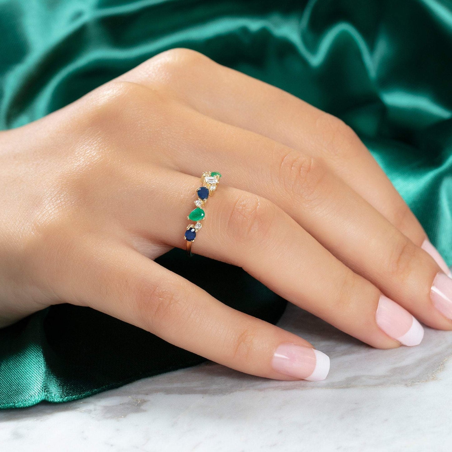 Pear Cut Emerald Sapphire Diamond Ring