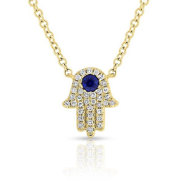 Diamond Hamsa Necklace / 14k Gold or Silver Blue Sapphire and Diamond Hamsa Protection Necklace / Diamond Necklace / Protection Necklace