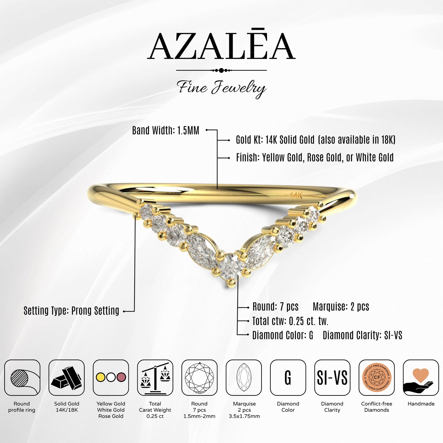 Curved Round Diamond Wedding Band / 14k Gold V Shape Marquise Diamond Wedding Ring / Curved Stacking Ring / Diamond Chevron Ring