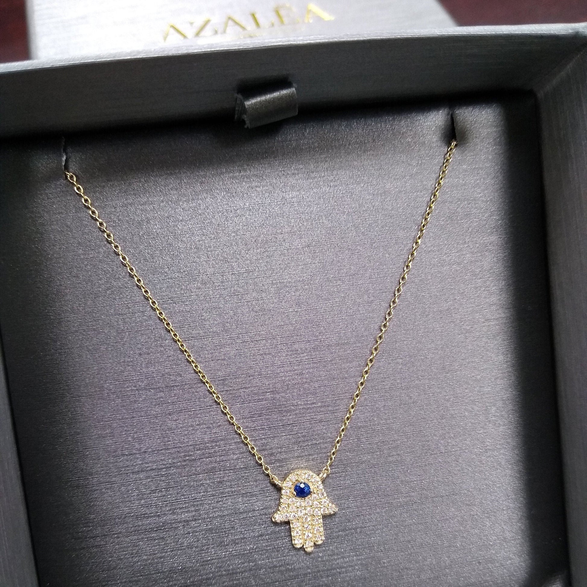 Diamond Hamsa Necklace / 14k Gold or Silver Blue Sapphire and Diamond Hamsa Protection Necklace / Diamond Necklace / Protection Necklace