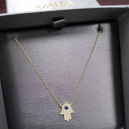 Diamond Hamsa Necklace / 14k Gold or Silver Blue Sapphire and Diamond Hamsa Protection Necklace / Diamond Necklace / Protection Necklace