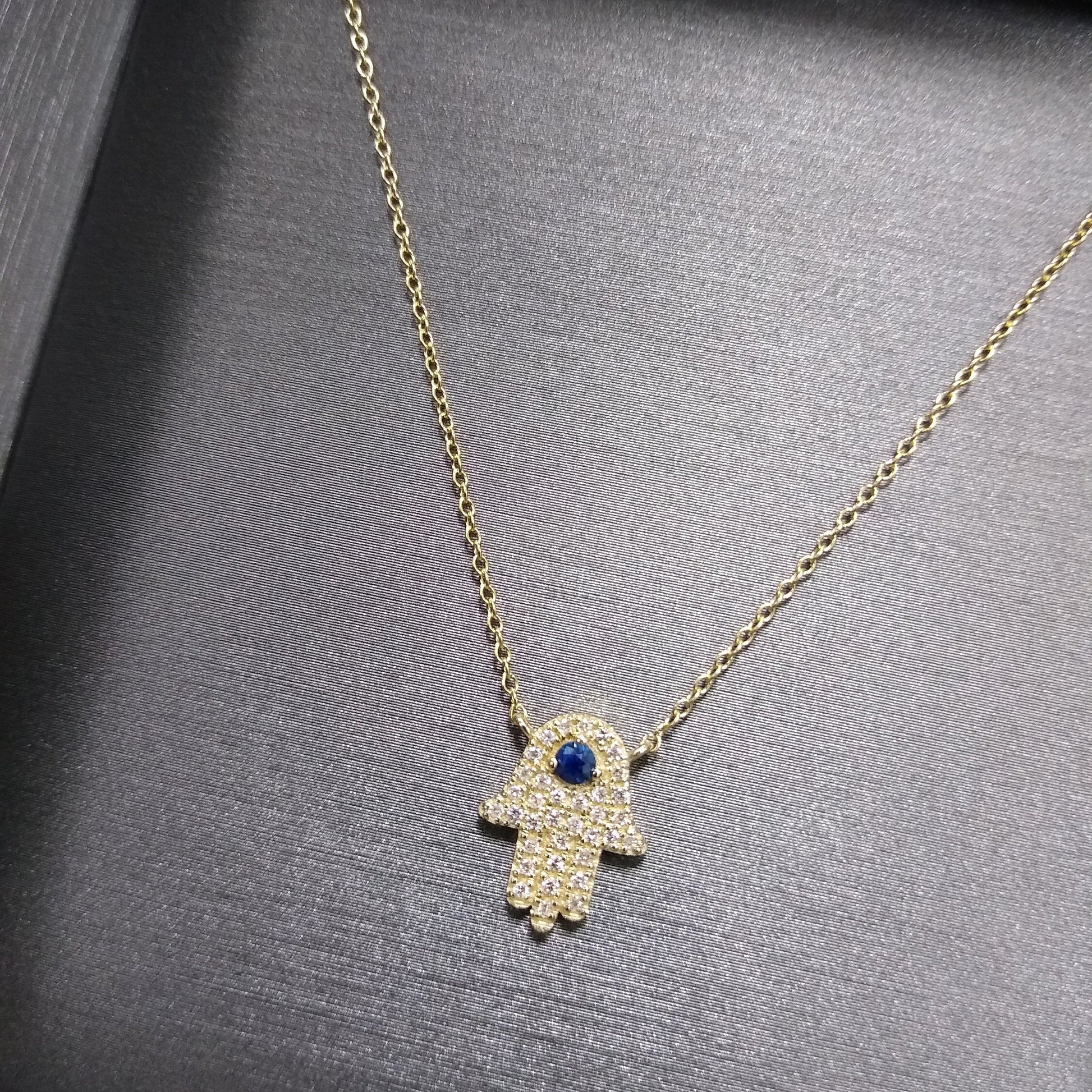 Diamond Hamsa Necklace / 14k Gold or Silver Blue Sapphire and Diamond Hamsa Protection Necklace / Diamond Necklace / Protection Necklace