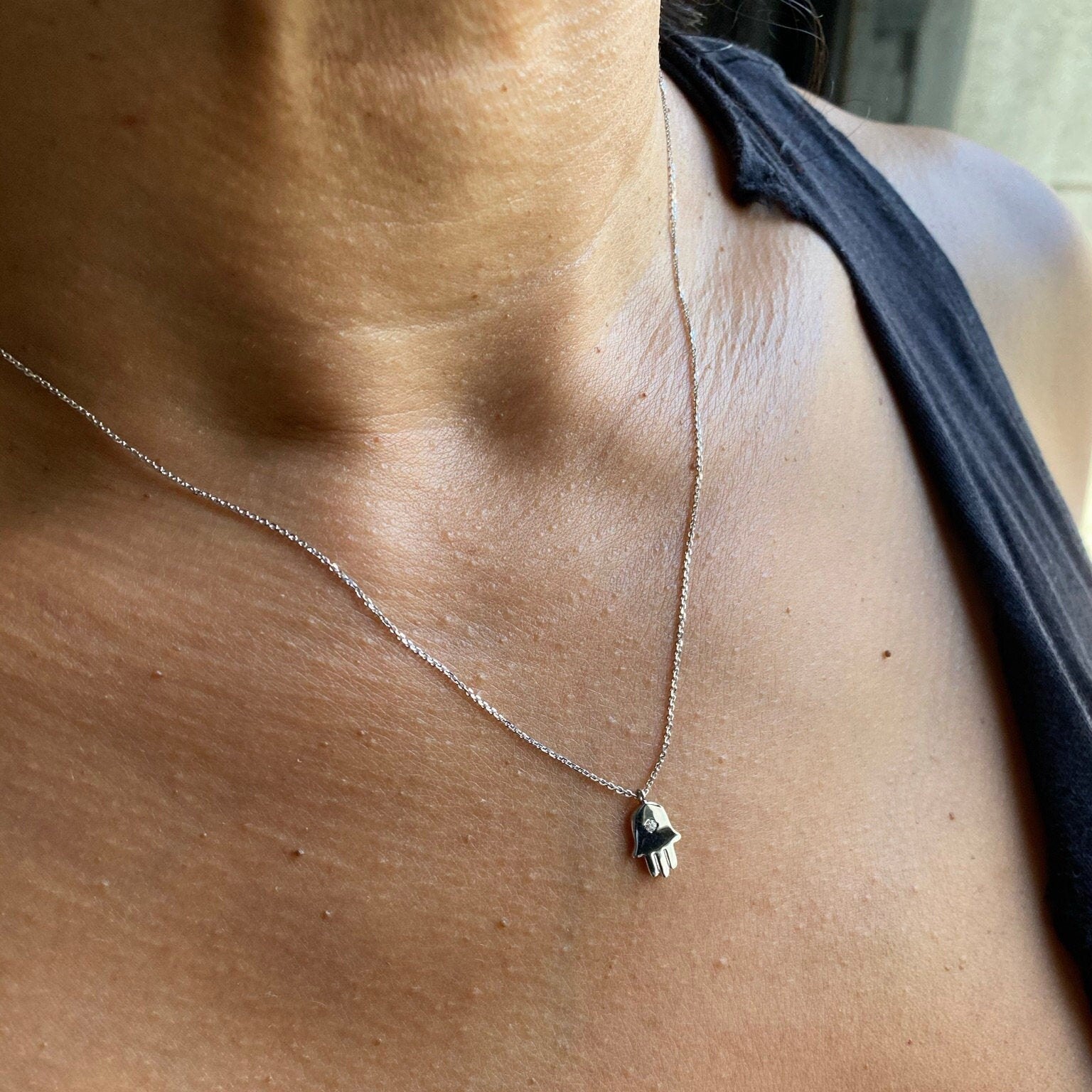 Diamond Hamsa Necklace / 14k Gold or Silver Diamond Hamsa Necklace / Diamond Protection Necklace / Layered Diamond Necklace / Diamond Hamsa