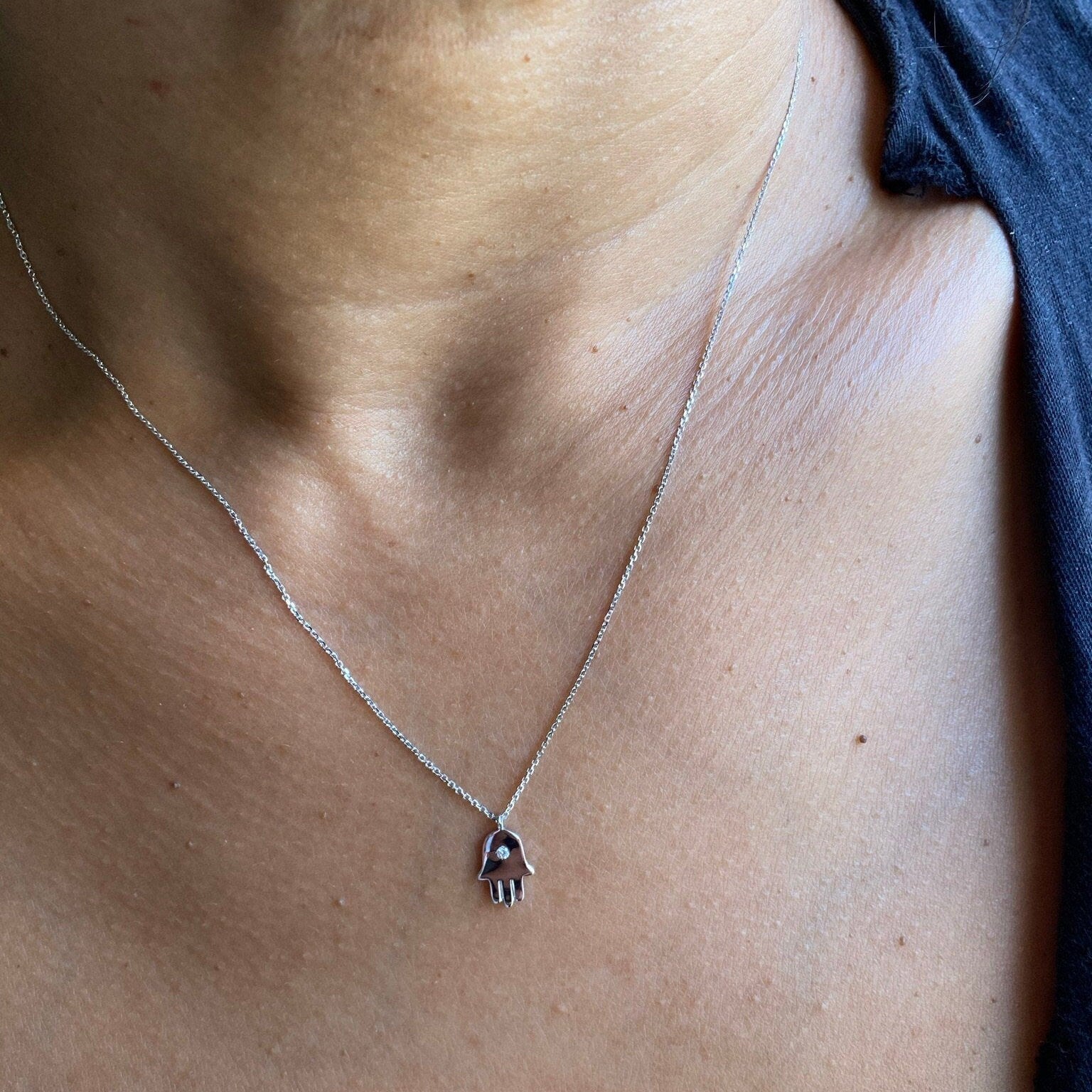 Diamond Hamsa Necklace / 14k Gold or Silver Diamond Hamsa Necklace / Diamond Protection Necklace / Layered Diamond Necklace / Diamond Hamsa