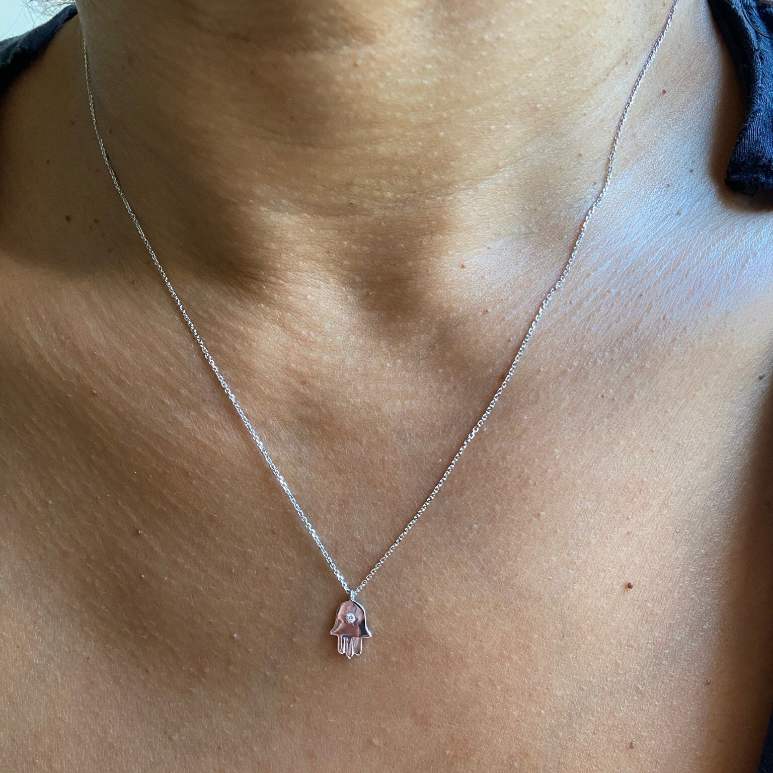 Diamond Hamsa Necklace / 14k Gold or Silver Diamond Hamsa Necklace / Diamond Protection Necklace / Layered Diamond Necklace / Diamond Hamsa