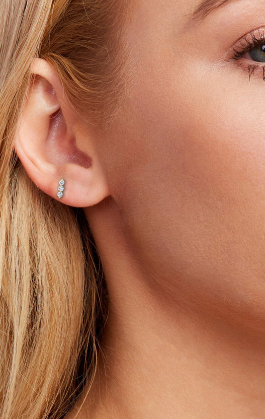 Diamond Studs / 14k Gold Diamond Trio Stud Earrings / Anniversary Gift / Birthday Gift / Graduation Gift / Bridal Gift / Diamond Gift Ideas