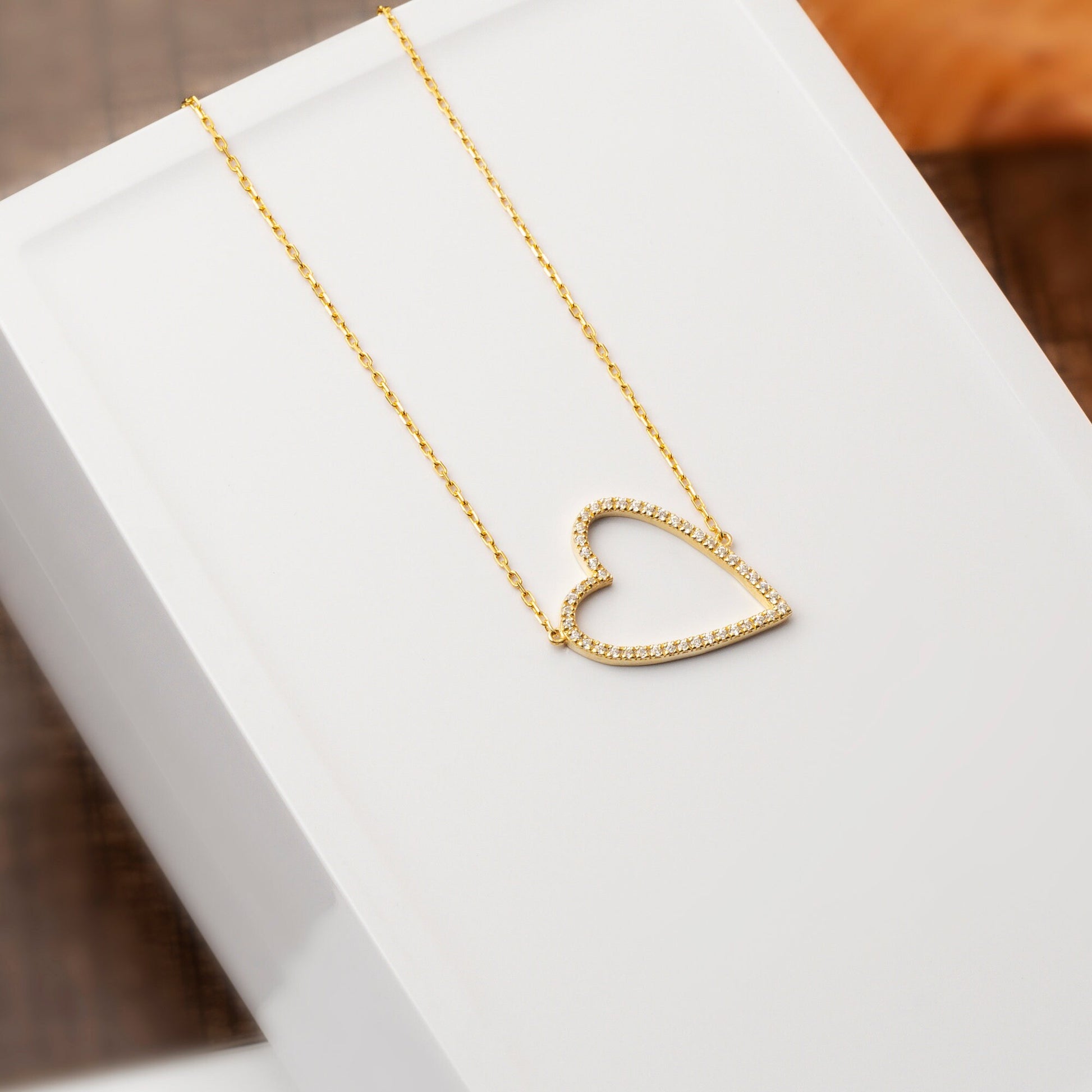 Diamond Heart Necklace / 14k Gold Diamond Heart Necklace / Tilted Heart Necklace / Birthday Gift / Graduation Gift / Anniversary Gift /
