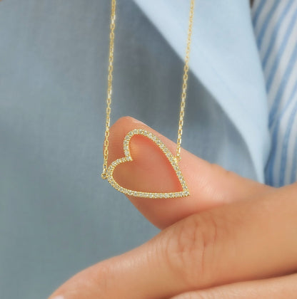 Diamond Heart Necklace / 14k Gold Diamond Heart Necklace / Tilted Heart Necklace / Birthday Gift / Graduation Gift / Anniversary Gift /