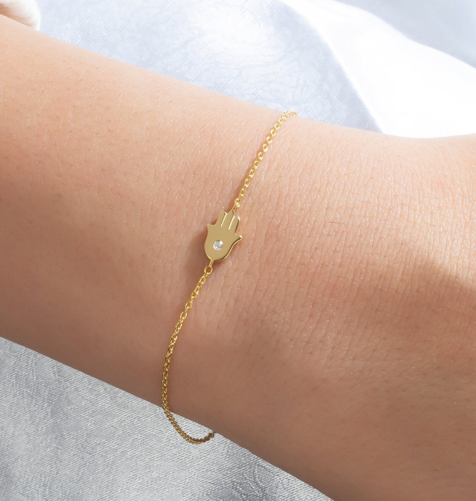 Diamond Hamsa Bracelet / 14k Single Diamond Hamsa Protection Bracelet / Protection Jewelry / Holiday Gift / Birthday Gift