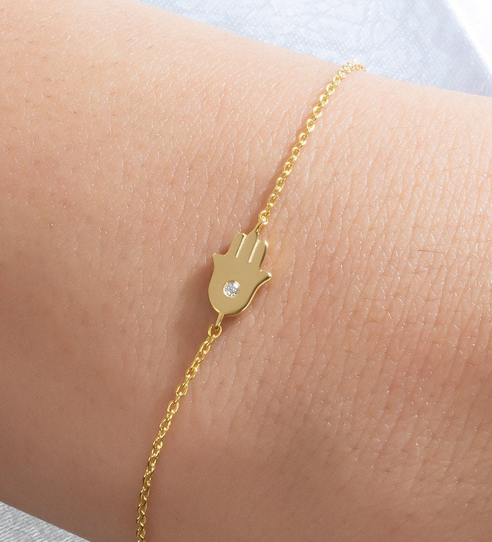 Diamond Hamsa Bracelet / 14k Single Diamond Hamsa Protection Bracelet / Protection Jewelry / Holiday Gift / Birthday Gift