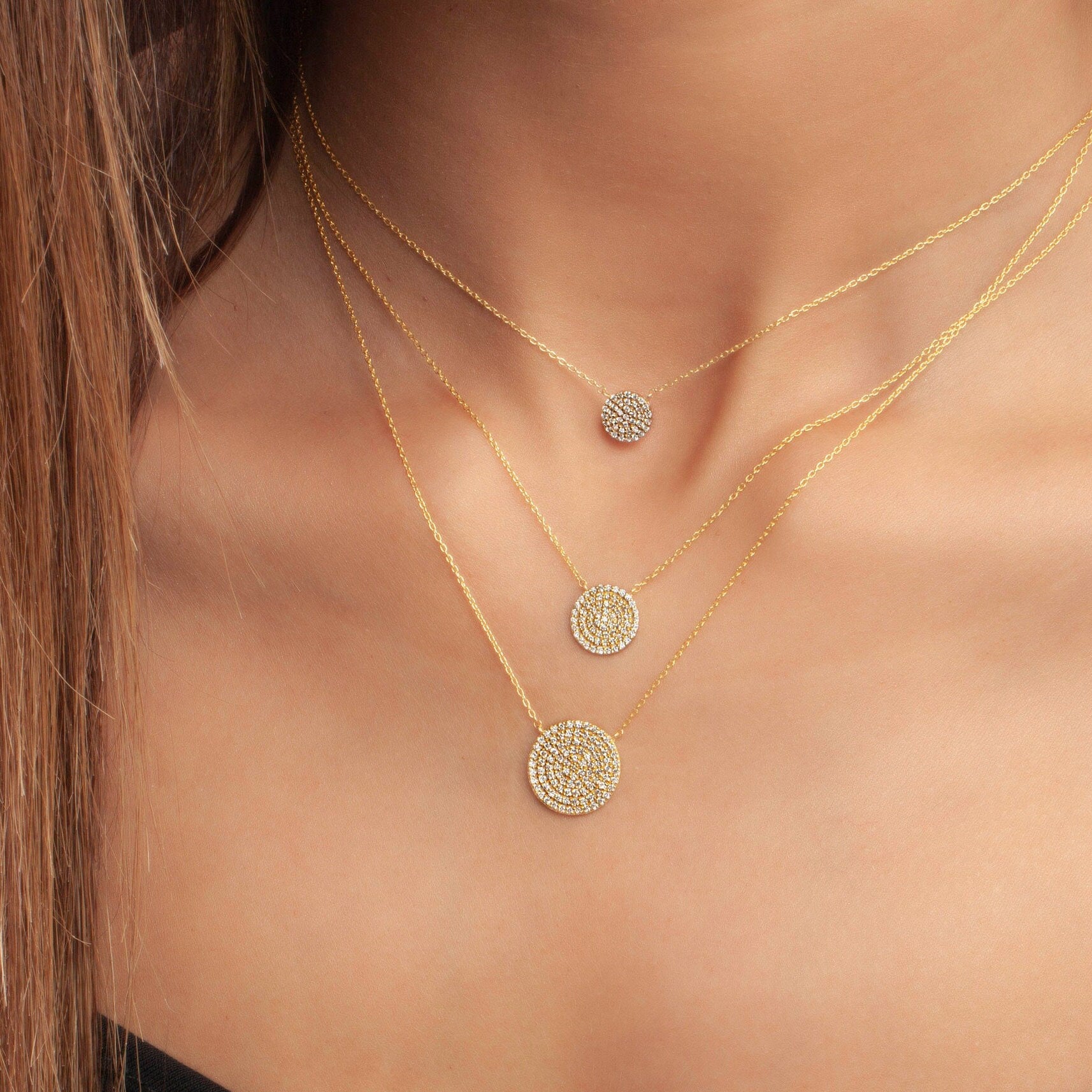 Diamond Disc Necklace / 14k Gold Pave Diamond Disc Necklace / Birthday Gift / Graduation Gift / Anniversary Gift / Bridal Gift