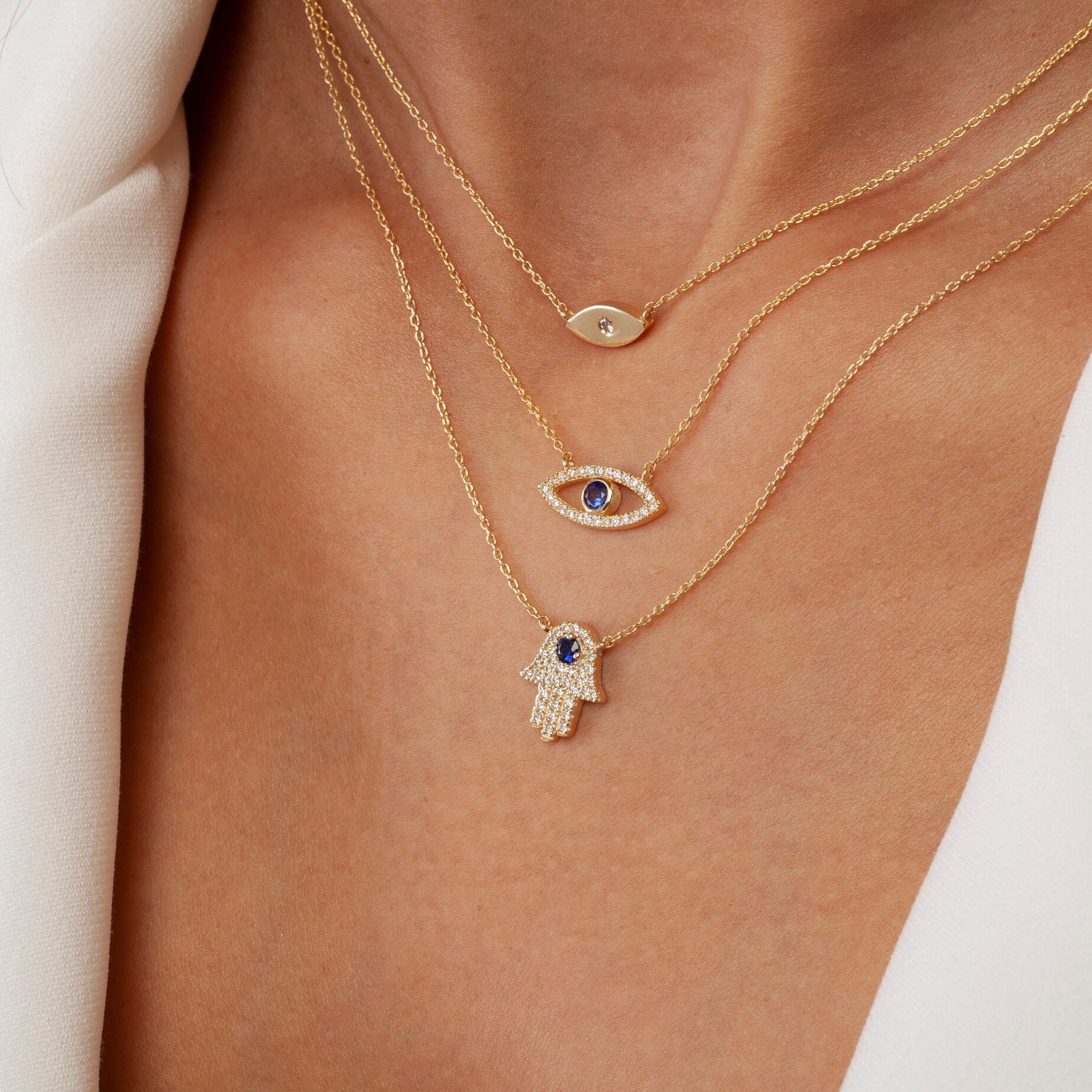 Diamond Hamsa Necklace / 14k Gold or Silver Blue Sapphire and Diamond Hamsa Protection Necklace / Diamond Necklace / Protection Necklace