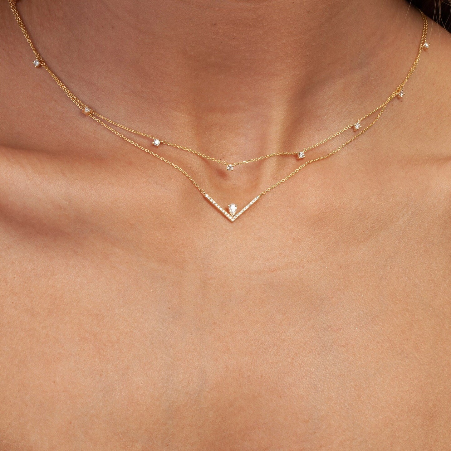 Diamond Station Necklace / 14k Gold Diamond Station Necklace / Dainty Diamond Necklace / Diamond Station Necklace / Layering Necklace