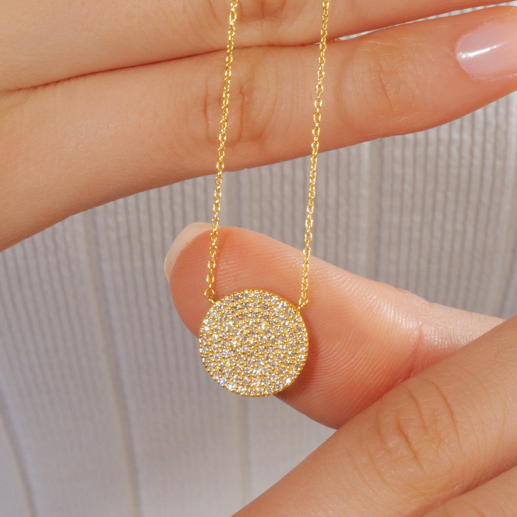 Diamond Disc Necklace / 14k Gold Pave Diamond Disc Necklace / Birthday Gift / Graduation Gift / Anniversary Gift / Bridal Gift