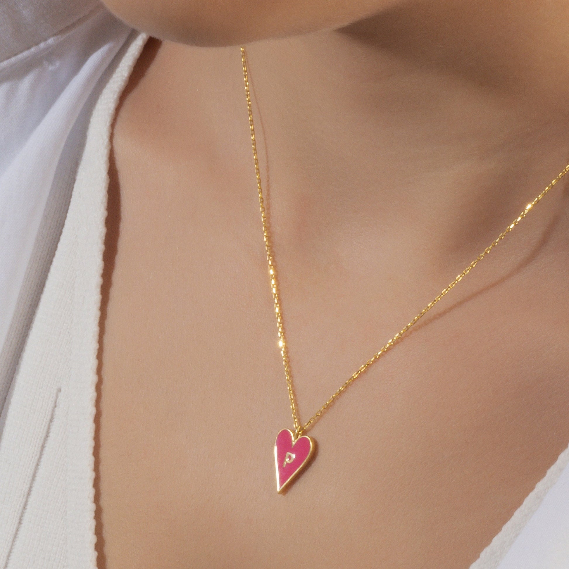 14k Gold and Enamel Heart Initial Necklace / 14k Gold Enamel Heart Necklace / Initial Heart Necklace / Birthday Gift / Graduation Gift
