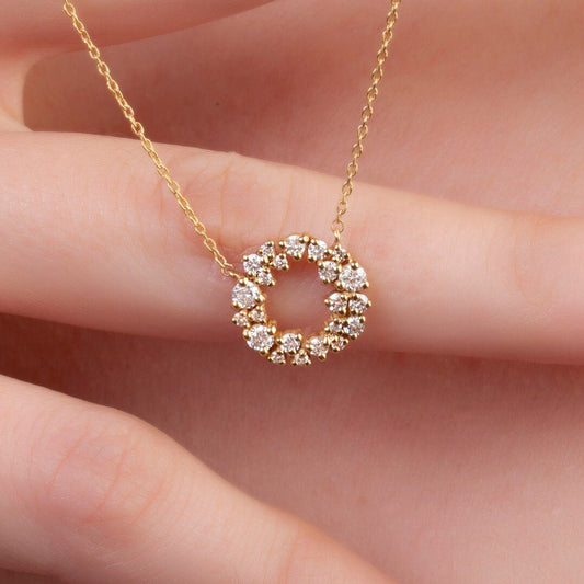 Diamond Cluster Circle Necklace / 14k Gold Diamond Cluster Necklace / Fancy Diamond Necklace / Dainty Diamond Necklace / Holiday Gift