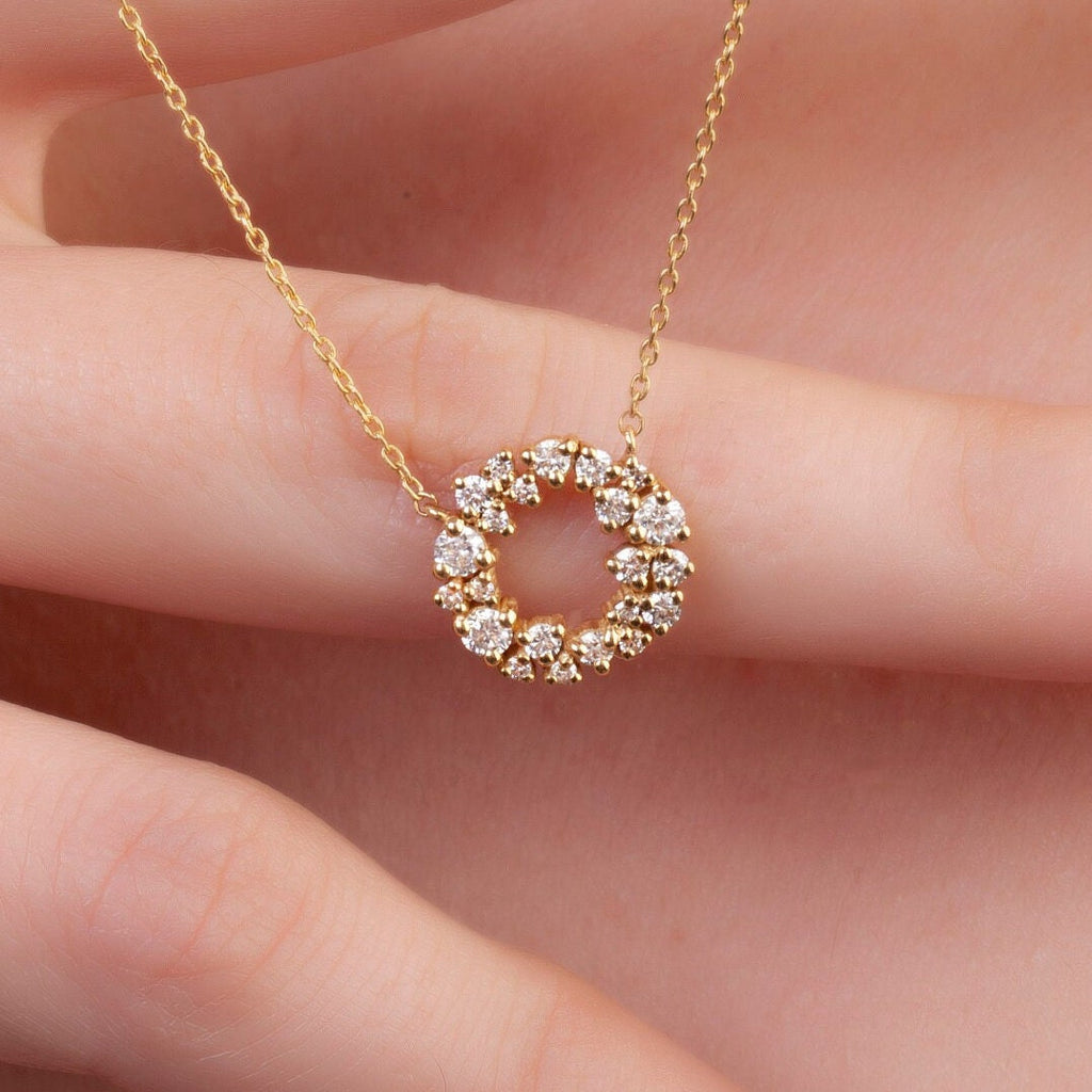 Diamond Cluster Circle Necklace / 14k Gold Diamond Cluster Necklace / Fancy Diamond Necklace / Dainty Diamond Necklace / Holiday Gift