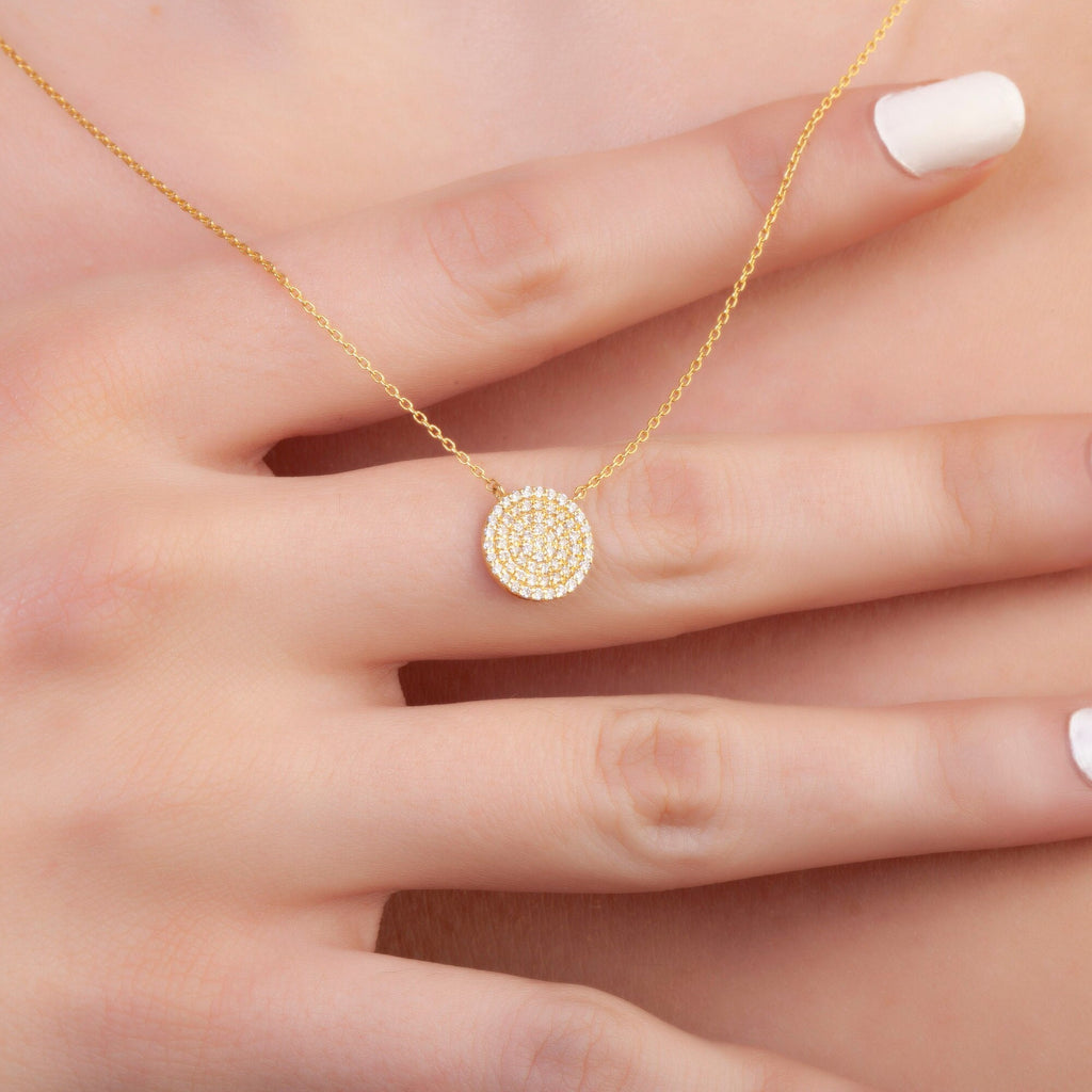 Diamond Disc Necklace / 14k Gold Pave Diamond Disc Necklace / Birthday Gift / Graduation Gift / Anniversary Gift / Bridal Gift