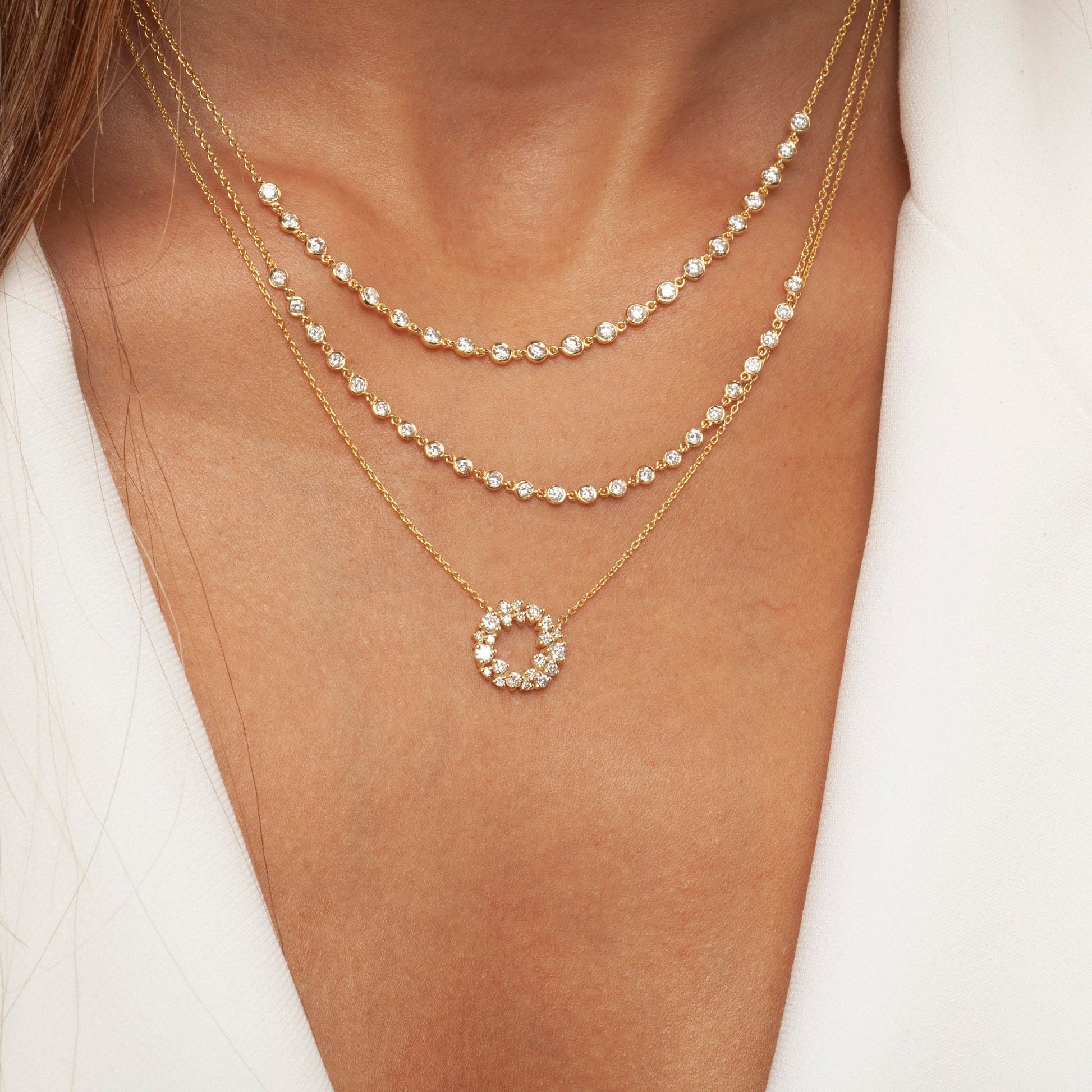 Diamond Cluster Circle Necklace / 14k Gold Diamond Cluster Necklace / Fancy Diamond Necklace / Dainty Diamond Necklace / Holiday Gift
