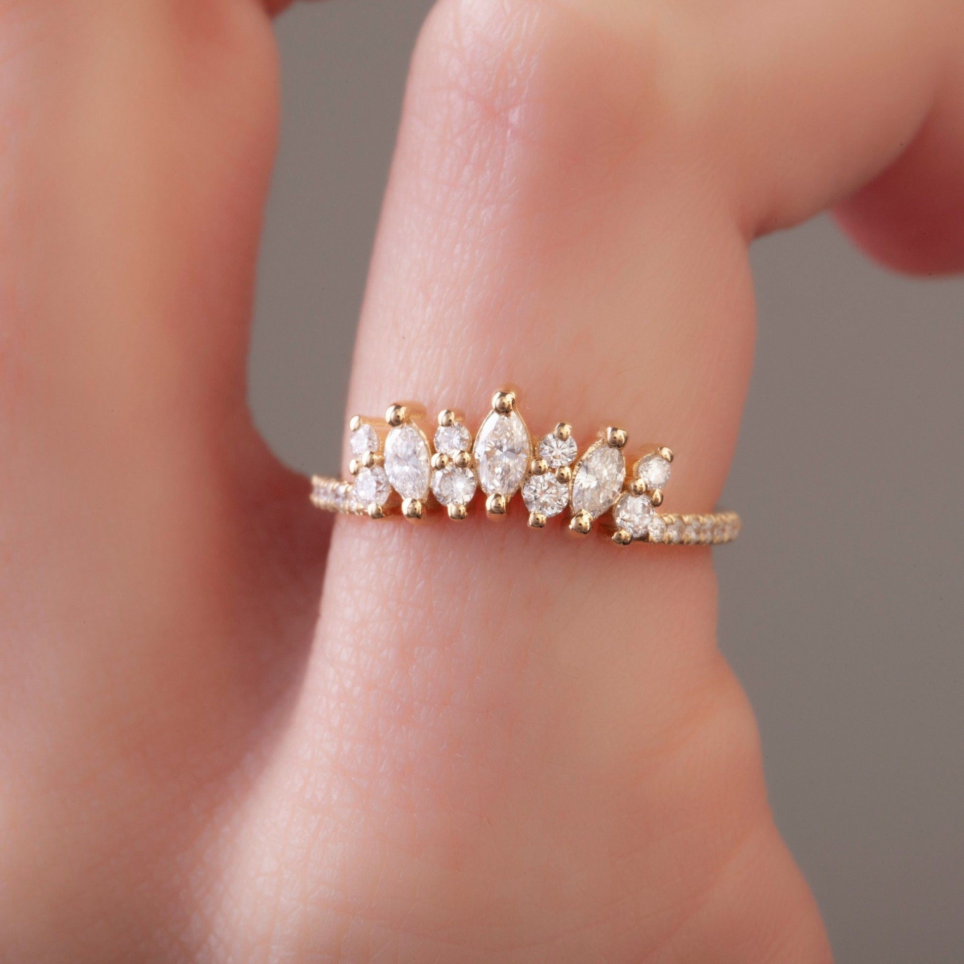 Curved Diamond Wedding Band / 14k Marquise and Round Diamond Wedding Ring / Stacking Ring / Diamond Bridal Gift Ideas