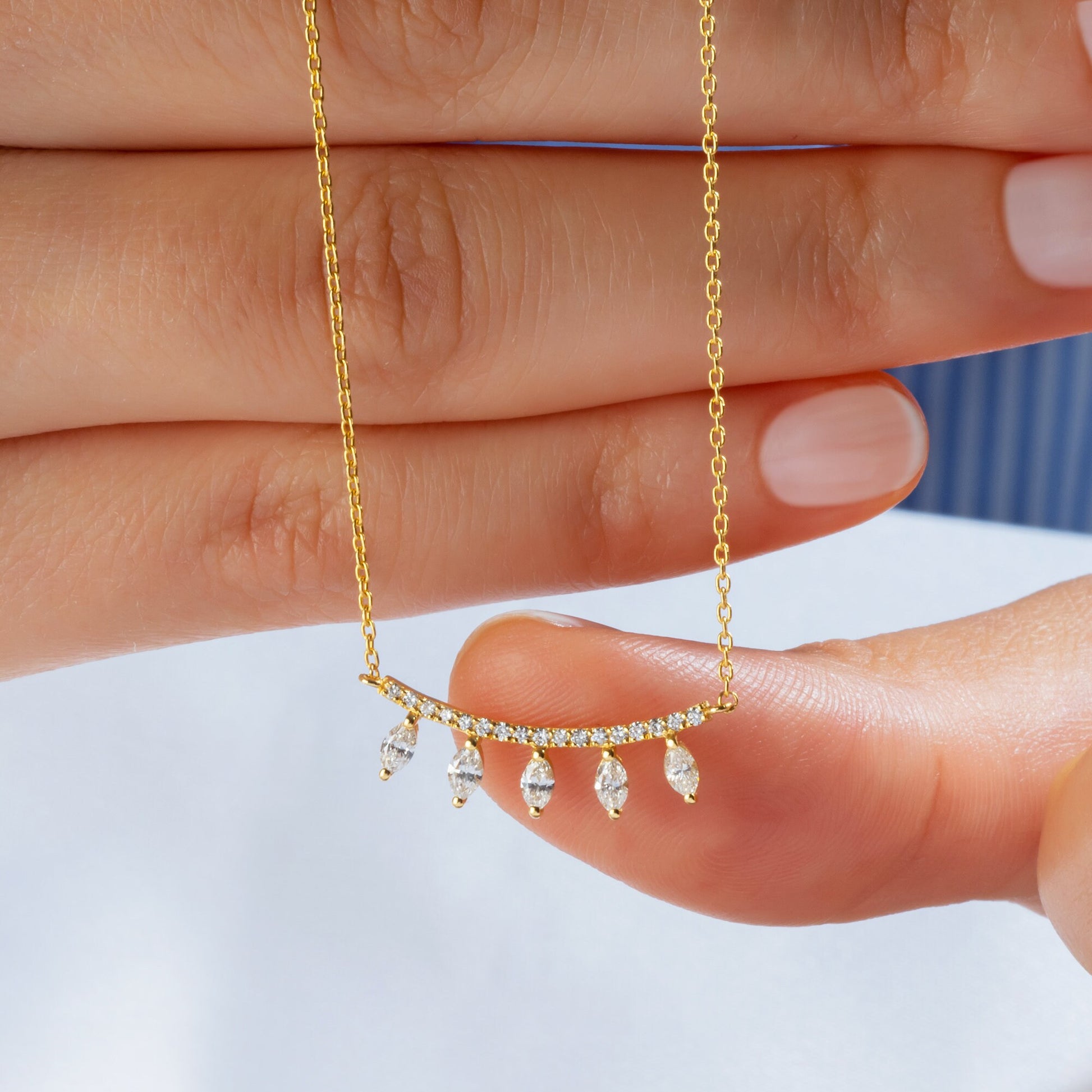 Diamond Curved Bar Necklace / 14k Gold Diamond Necklace / Diamond Statement Necklace/ Dainty Diamond necklace / Anniversary Gift /