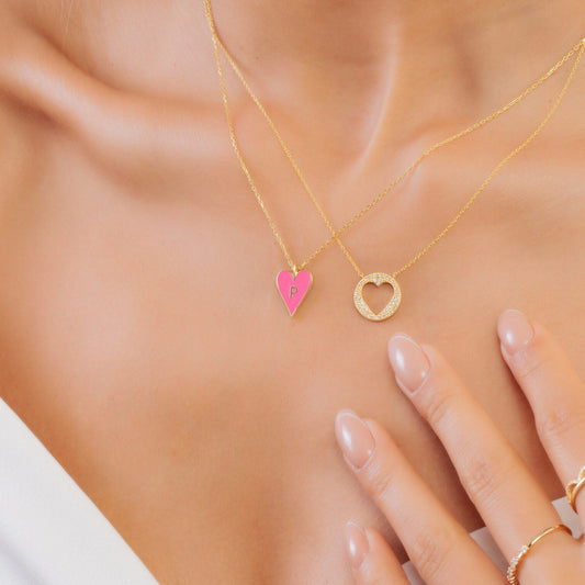 14k Gold and Enamel Heart Initial Necklace / 14k Gold Enamel Heart Necklace / Initial Heart Necklace / Birthday Gift / Graduation Gift