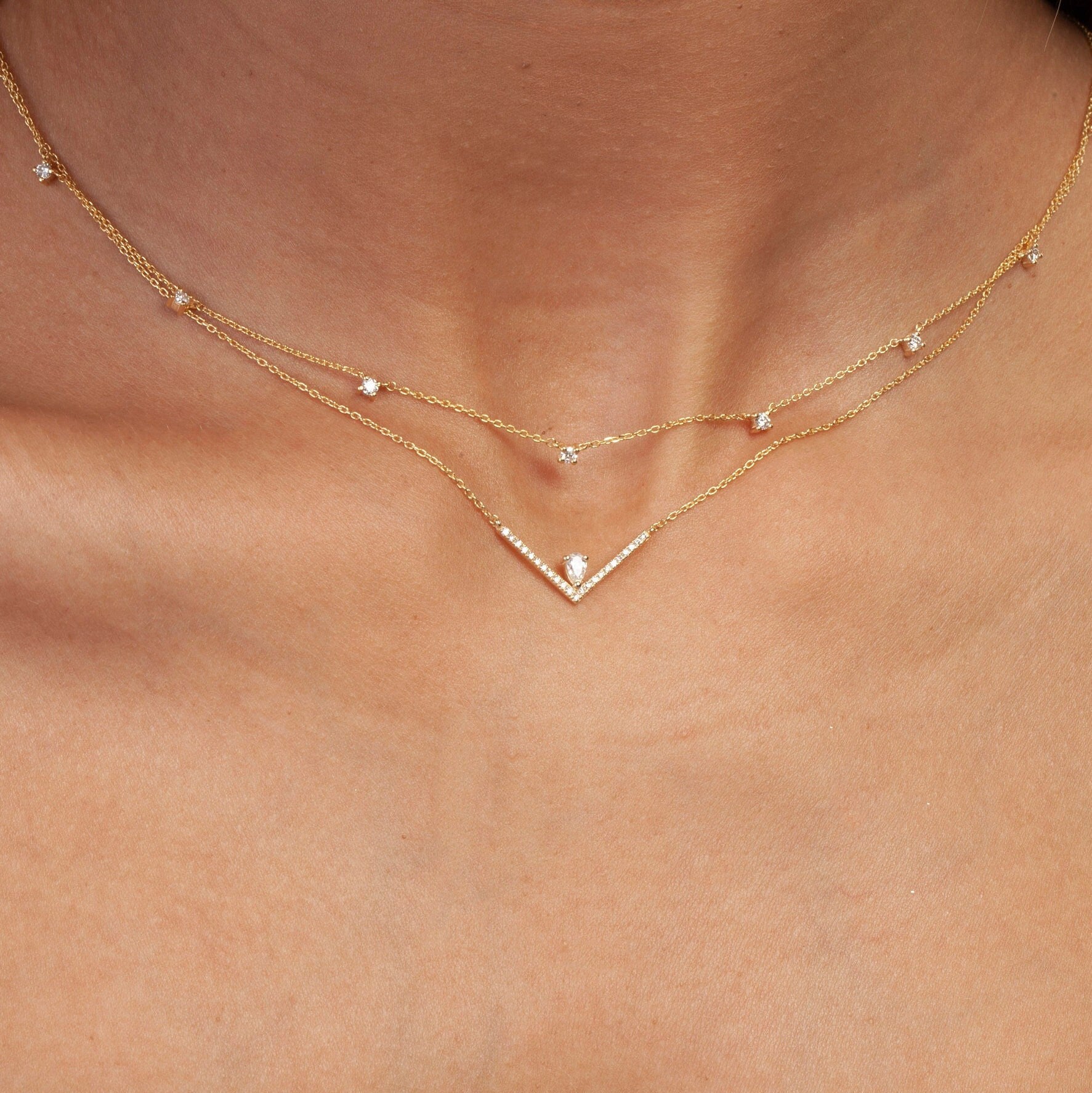 Diamond Chevron Necklace / 14k Gold Diamond V Necklace / Pear Diamond Necklace / Dainty Diamond Necklace Diamond Holiday Gift