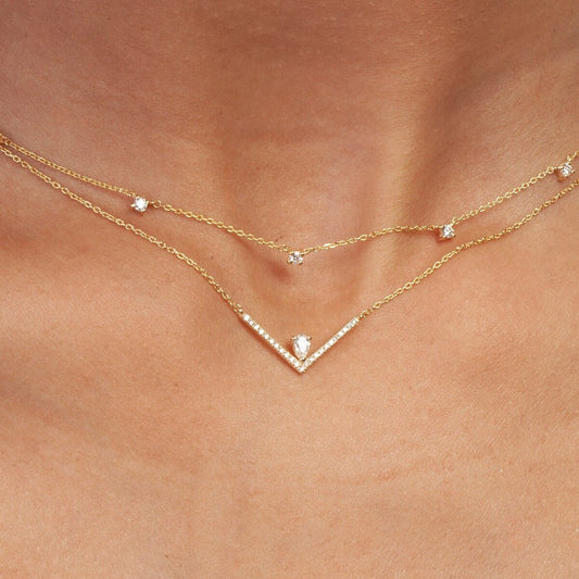 Diamond Chevron Necklace / 14k Gold Diamond V Necklace / Pear Diamond Necklace / Dainty Diamond Necklace Diamond Holiday Gift
