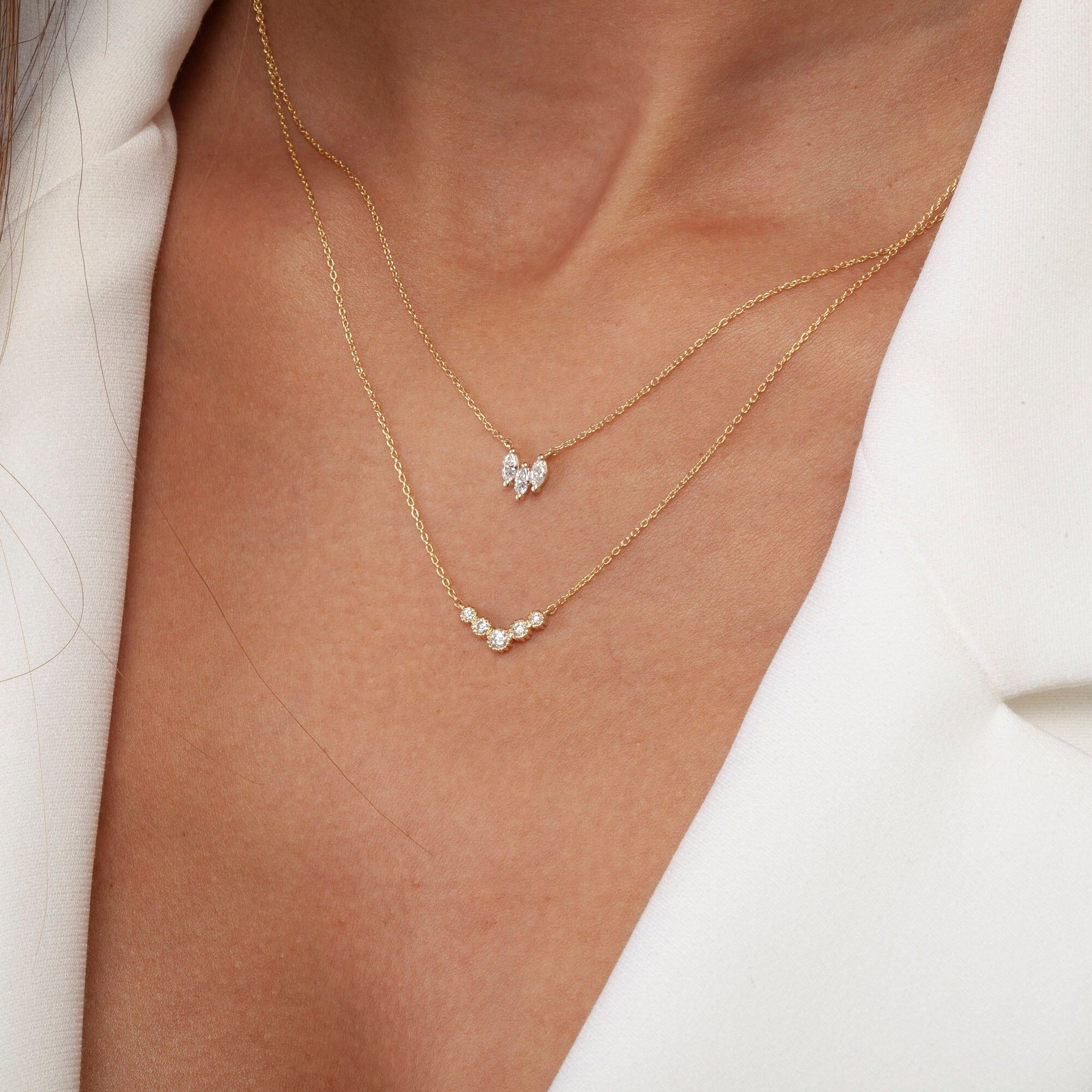 Round Diamond Chevron Necklace / 14k Gold Diamond V Necklace / Dainty Diamond Necklace / Graduation Gift / Anniversary Gift / Bridal Gift