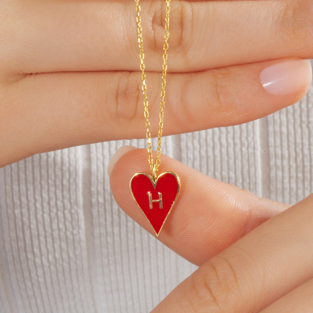 14k Gold and Enamel Heart Initial Necklace / 14k Gold Enamel Heart Necklace / Initial Heart Necklace / Birthday Gift / Graduation Gift