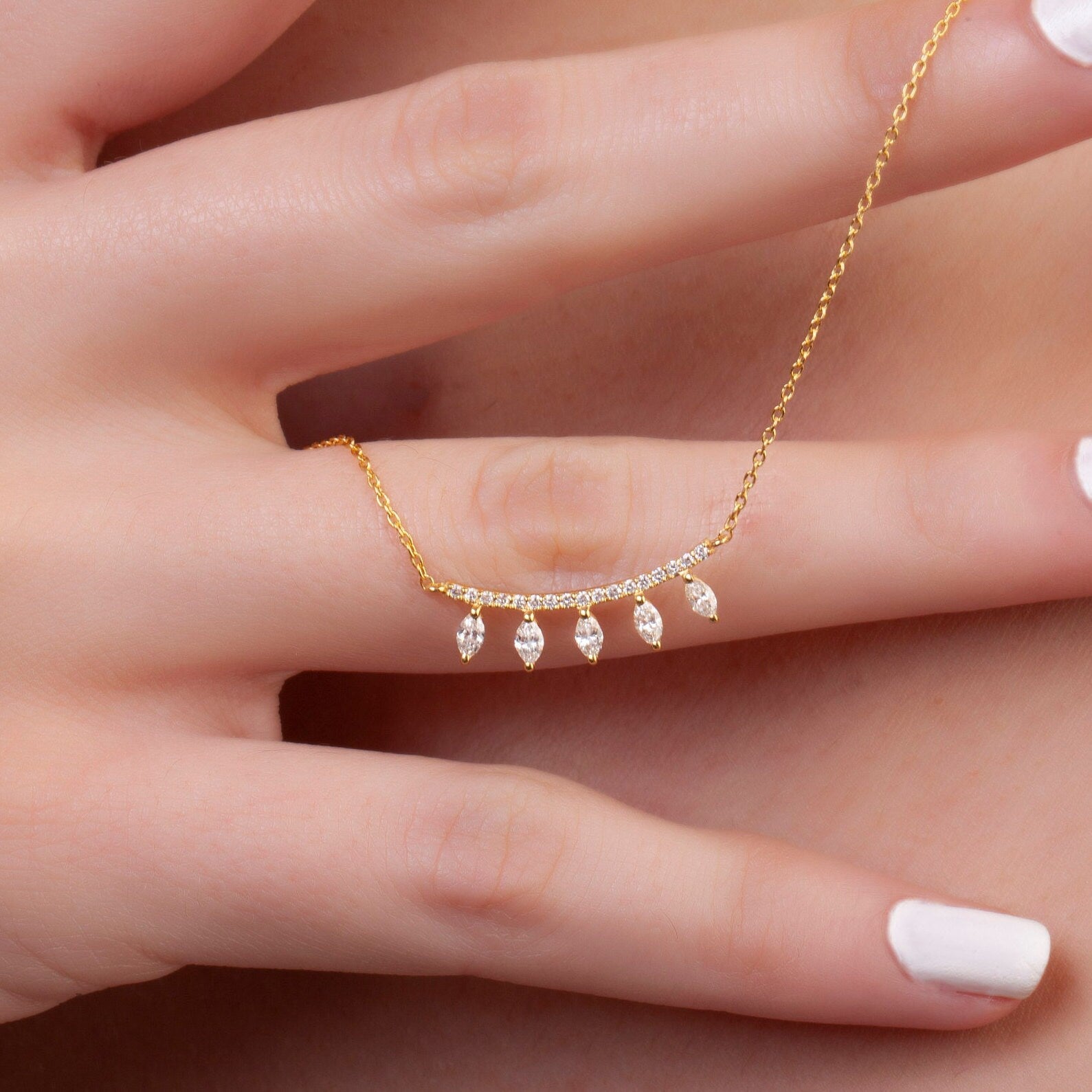 Diamond Curved Bar Necklace / 14k Gold Diamond Necklace / Diamond Statement Necklace/ Dainty Diamond necklace / Anniversary Gift /