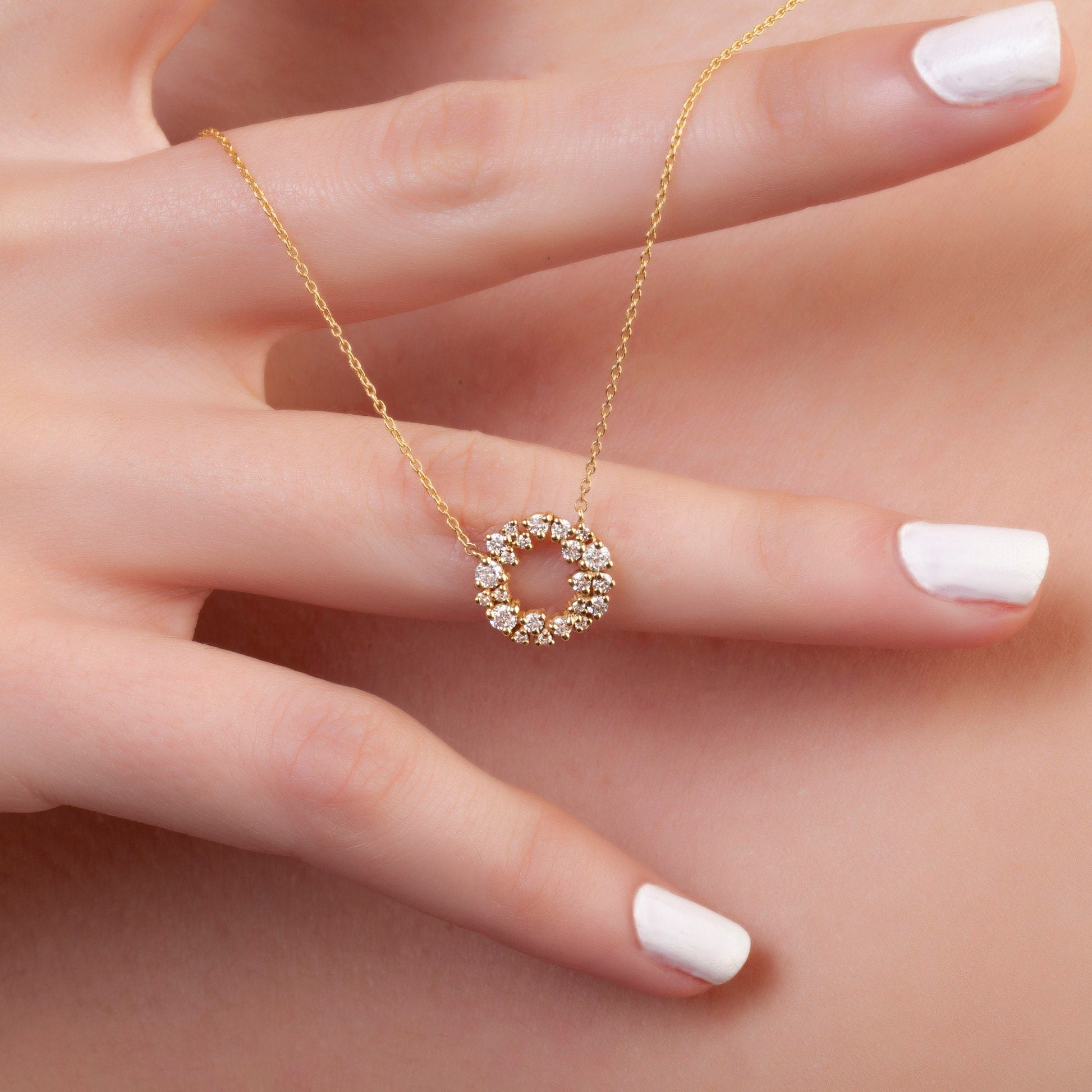 Diamond Cluster Circle Necklace / 14k Gold Diamond Cluster Necklace / Fancy Diamond Necklace / Dainty Diamond Necklace / Holiday Gift
