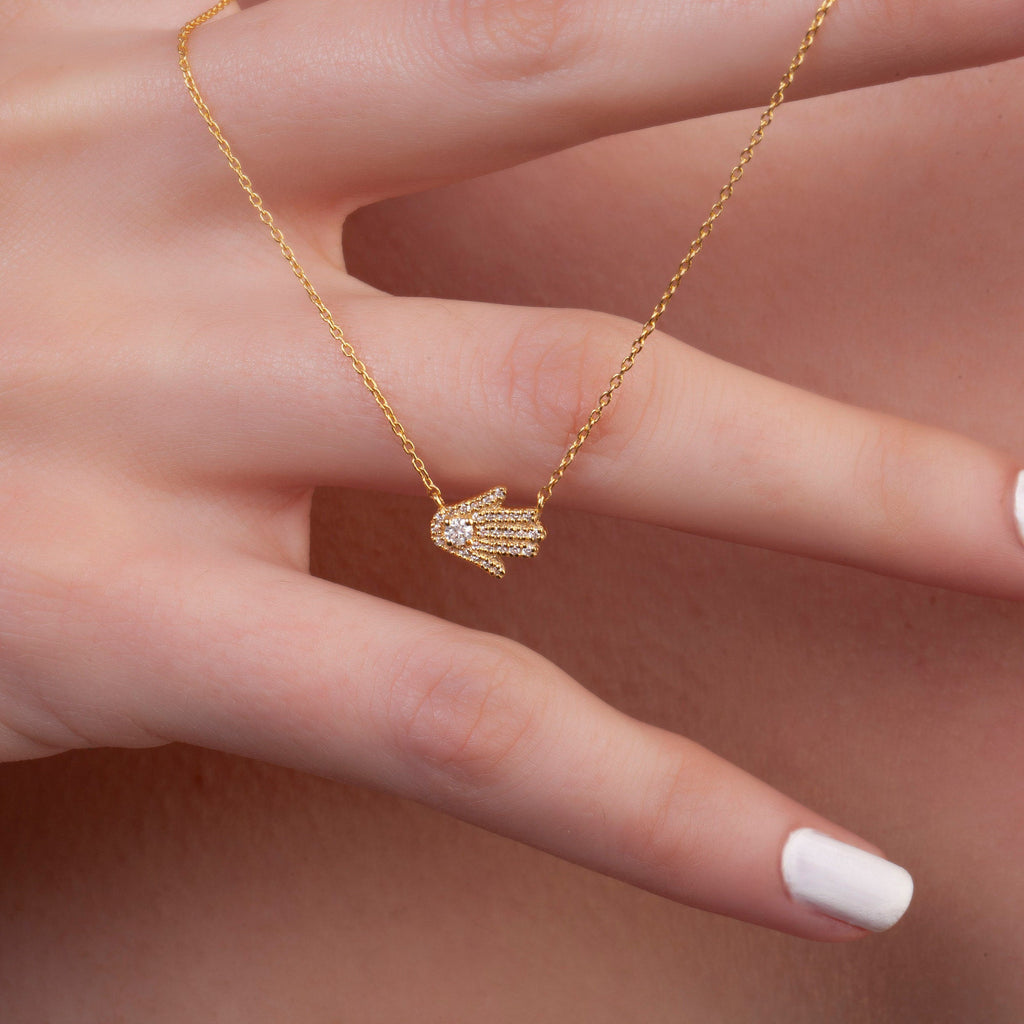 Diamond Hamsa Necklace / 14k Gold and Diamond Hamsa Necklace / Sideway Hamsa Necklace / Dainty Hamsa Necklace / Holiday Gift